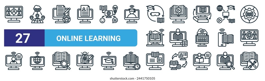 set of 27 outline web online learning icons such as virtual class, online education, homeschooling, audio book, online learning, website, video tutorial, learning vector thin line icons for web