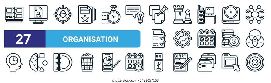 set of 27 outline web organisation icons such as book, computer, goals, rook, world, brain, usb, goals vector thin line icons for web design, mobile app.