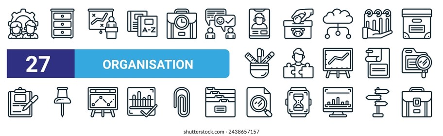 set of 27 outline web organisation icons such as together, drawers, presentation, piggy bank, person, pin, paper, bag vector thin line icons for web design, mobile app.