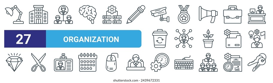 set of 27 outline web organization icons such as table lamp, company, team leader, medal, network, scissor, time management, key vector thin line icons for web design, mobile app.