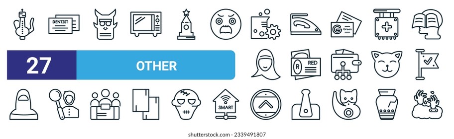 set of 27 outline web other icons such as arabic jar, dentist business card, japanese demon, flatiron, red abstract business card, man with magnifying flass, arrowup, zambie hand vector thin line
