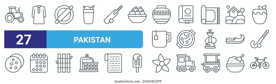 set of 27 outline web pakistan icons such as tractor, cloth, rolling pin, book, dish, calendar, jasmine, cycle vector thin line icons for web design, mobile app.