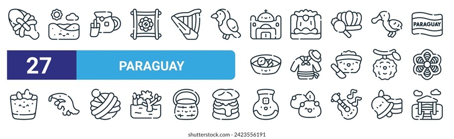 set of 27 outline web paraguay icons such as coconut, dunes, terere, waterfall, clothes, ant bear, handcraft, lake vector thin line icons for web design, mobile app.