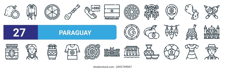 set of 27 outline web paraguay icons such as platonia in, clothes, soup, hat, peach, woman, dam, man vector thin line icons for web design, mobile app.