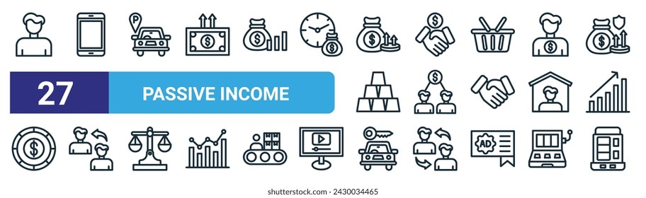 set of 27 outline web passive income icons such as avatar, smartphone, parking, deal, shareholder, referral, car rental, vending hine vector thin line icons for web design, mobile app.