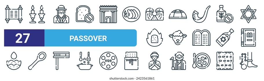 set of 27 outline web passover icons such as torah, candles, rabbi, yarmulke, lamb, wooden spoon, pray, slavery vector thin line icons for web design, mobile app.