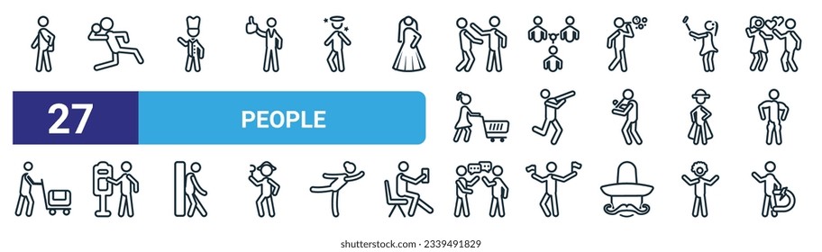 conjunto de 27 iconos de la gente de la web de contorno como estudiantes, set de disparos, uniforme del chef, complejo, hombre bailarín, hena de boletos, globo de chat, iconos de línea delgada del vector electroimán para el diseño web, aplicación móvil.