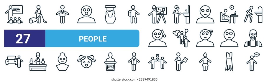 set of 27 outline web people icons such as teacher and students, man vacuuming, bestman, man shaving, man child and balloons, chemist working, succes team, with an idea vector thin line icons for