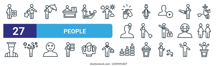 set of 27 outline web people icons such as radiologist working, salesman working, people under an umbrella, man with crown, sweeping person, man partying, team work success, leader speech vector