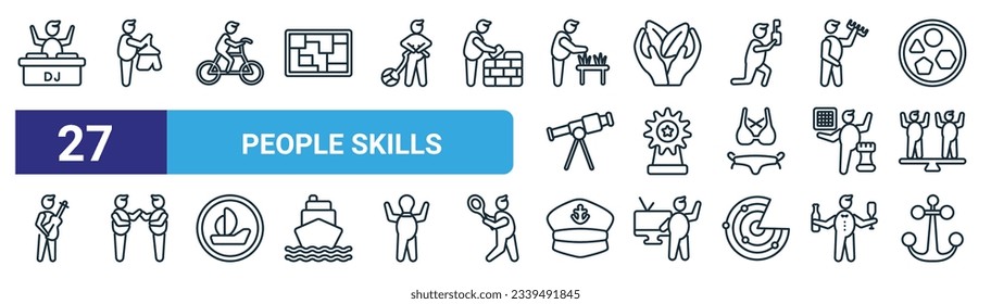 set of 27 outline web people skills icons such as dj, stylist, cyclist, environment, award, empathy, navy hat, sailboat anchor vector thin line icons for web design, mobile app.