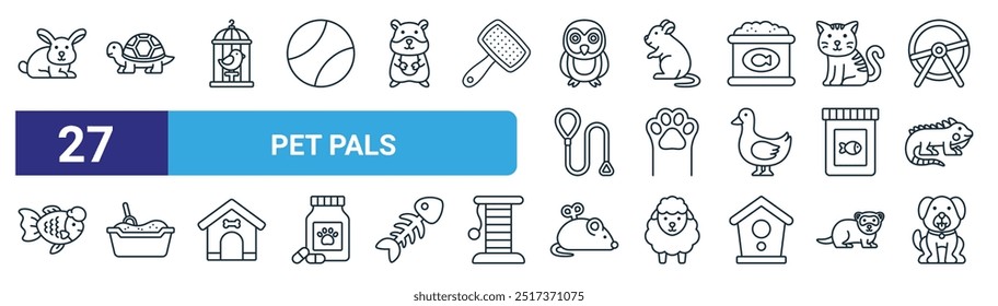 conjunto de 27 ícones de animais de estimação da web contorno como coelho, tartaruga, gaiola de pássaro, mouse, pata, caixa de lixo, mouse, cão vetor ícones de linha fina para web design, aplicativo móvel.