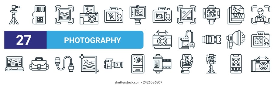 set of 27 outline web photography icons such as tr,  , screenshot, exposure, camera charger, camera bag, film roll, camera vector thin line icons for web design, mobile app.