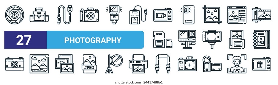 set of 27 outline web photography icons such as aperture, camera bag, usb cable, phone camera, action camera, photo frame, strap, delete vector thin line icons for web design, mobile app.