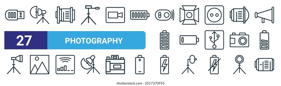 set of 27 outline web photography icons such as usb, light, camera, light, battery, art, battery, camera vector thin line icons for web design, mobile app.