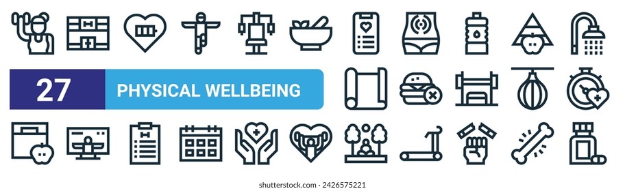 Set von 27 Outline Web Physical Wellness Icons wie weibliche Fitness, Fitness, Energie, Verdauung, kein Fast Food, Online-Training, Natur, Vitamine Vektor dünne Linie Icons für Web-Design, mobile App.