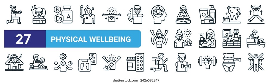 set of 27 outline web physical wellbeing icons such as female fitness, sleep, multivitamin, meditation, sunshine, physiotherapy, excercise, physical activity vector thin line icons for web design,