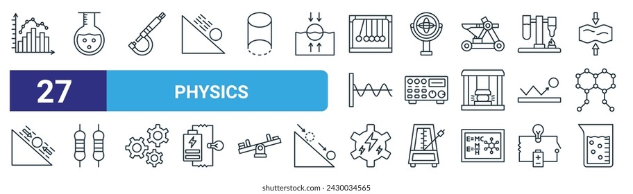 set of 27 outline web physics icons such as histogram, flask, micrometer, gyroscope, amplifier, resistor, power, beaker vector thin line icons for web design, mobile app.
