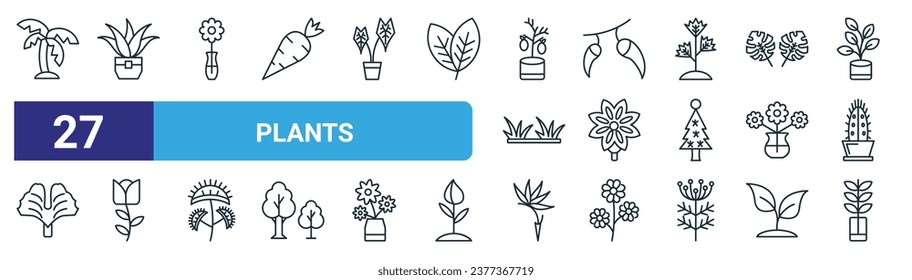 set of 27 outline web plants icons such as palm tree, aloe vera, flower, chilli, anise, rose flower, strelitzia, plant vector thin line icons for web design, mobile app.