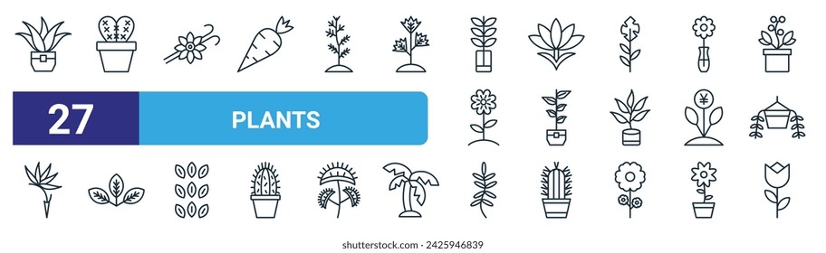 conjunto de 27 iconos de plantas web esquemáticas como aloe vera, cactus, vainilla, azafrán, planta de goma, hojas, helecho, vector de flores, iconos de línea delgada para diseño web, aplicación móvil.