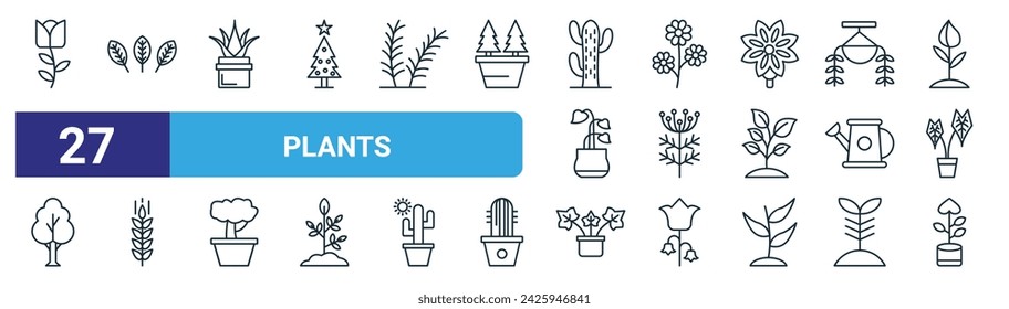 set of 27 outline web plants icons such as rose flower, croton, aloe vera, flower, dill, wheat, english ivy, peace lily vector thin line icons for web design, mobile app.