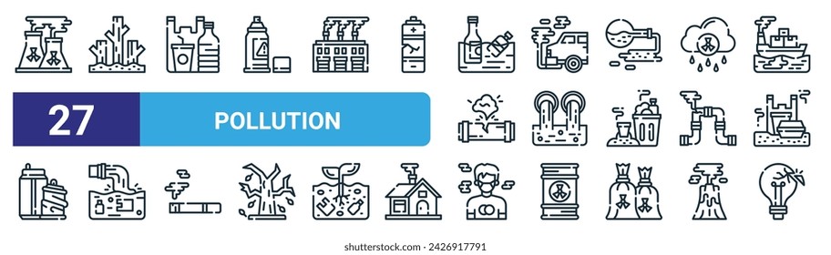 set of 27 outline web pollution icons such as nuclear plant, deforestation, plastic bottle, smoke, sewage, waste, face mask, light bulb vector thin line icons for web design, mobile app.