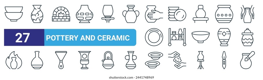 set of 27 outline web pottery and ceramic icons such as bowl, vase, kiln, dish, shelf, vase, dish, pottery vector thin line icons for web design, mobile app.