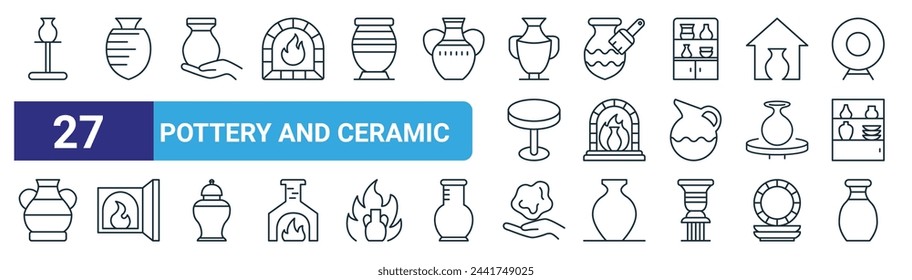 set of 27 outline web pottery and ceramic icons such as spinning wheel, pottery, pottery, kiln, kiln, vector thin line icons for web design, mobile app.