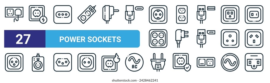 conjunto de 27 iconos de tomas de corriente web esquemáticas como toma de corriente, toma de corriente eléctrica, tipo l, toma de corriente, enchufe, temporizador, enchufe, tipo b vector de línea delgada iconos para el diseño web, aplicación móvil.