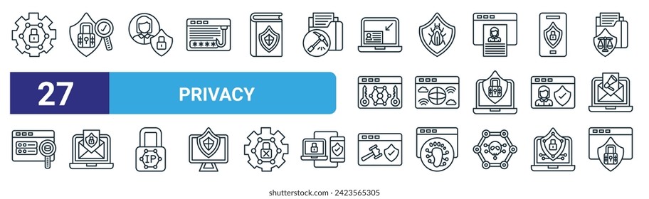 conjunto de 27 íconos de privacidad web de esquema como ciberseguridad, auditoría, usuario final, antivirus, intranet, correo electrónico confidencial, legislación, iconos de línea delgada de vector de privacidad en línea para diseño web, aplicación móvil.