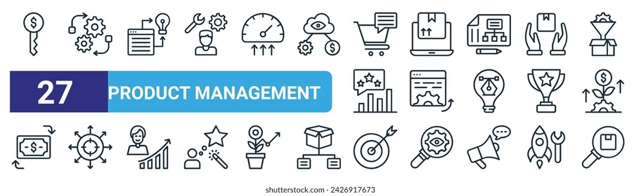 set of 27 outline web product management icons such as key, automated engineering, collaborative idea, online order, web development, networking, dartboard, parcel vector thin line icons for web