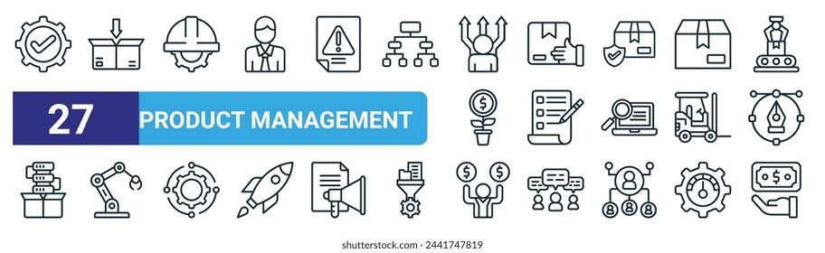 set of 27 outline web product management icons such as quality control, packing, engineer, delivery, de, industrial robot, optimize, income vector thin line icons for web design, mobile app.