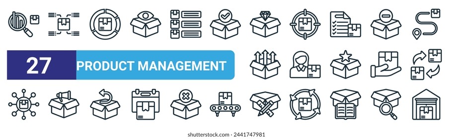 set of 27 outline web product management icons such as data analytics, product description, data analysis, target, customer service, product promotion, de, warehouse vector thin line icons for web