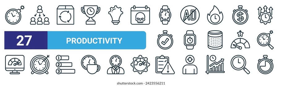 Set von 27 Skizzen Web-Produktivität Icons wie Zeitbombe, Hierarchie, Wiederverwendung, Werbeblocker, smart watch, target, evaluieren, Timer-Vektorgrafik dünnen Linie Icons für Web-Design, mobile App.