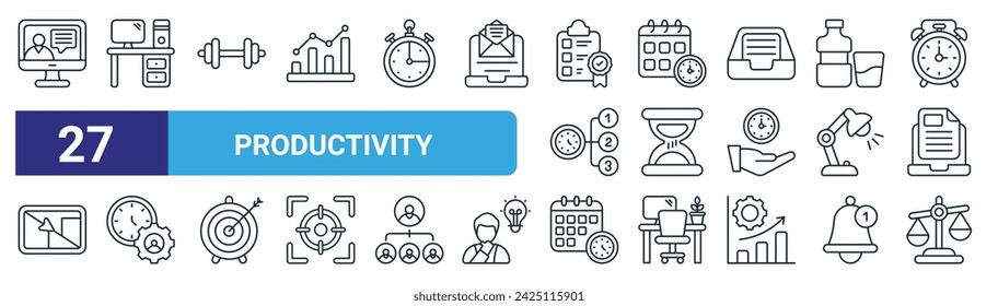 set of 27 outline web productivity icons such as online course, work station, workout, time and date, efficiency, time management, schedule, feasibility vector thin line icons for web design, mobile