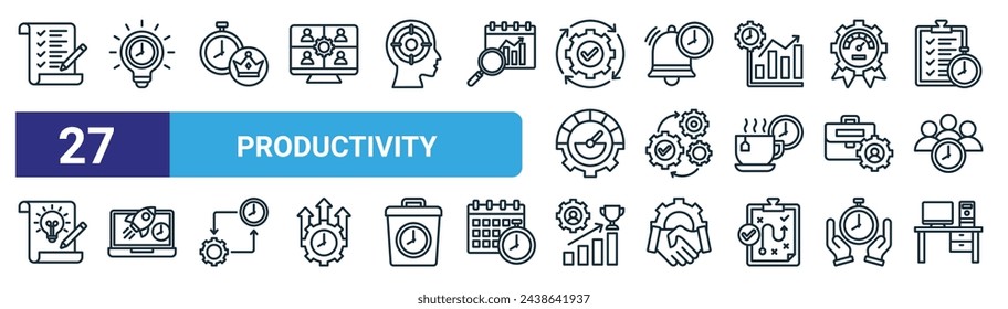 conjunto de 27 iconos de productividad web esquemática como lista de tareas, creativo, mejor, campana, automatización, lanzamiento, éxito, vector de lugar de trabajo línea delgada iconos para el diseño web, aplicación móvil.