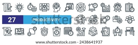 set of 27 outline web productivity icons such as to do list, creative, best, bell, automation, launch, success, workplace vector thin line icons for web design, mobile app.