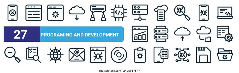 set of 27 outline web programing and development icons such as reject, web de, backend, cloud upload, database, research, quality control, testing vector thin line icons for web design, mobile app.