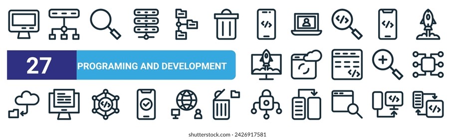 set of 27 outline web programing and development icons such as computer, networking, search, user, hosting, monitor, security, code vector thin line icons for web design, mobile app.