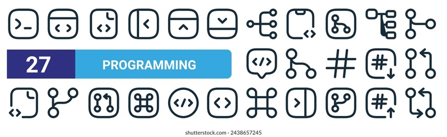 set of 27 outline web programming icons such as code, code, code, hierarchy, hierarchy, command, arrows vector thin line icons for web design, mobile app.