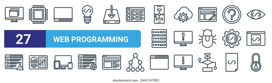 set of 27 outline web web programming icons such as switch, cpu, navigation, cloud, report, control panel, toolbar, lock vector thin line icons for web design, mobile app.