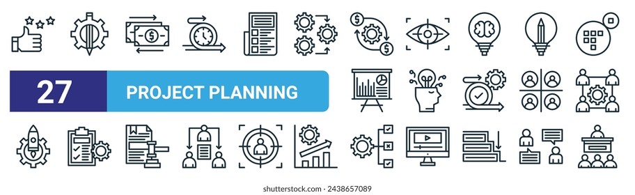 conjunto de 27 iconos de planificación de proyectos web esquemáticos como apreciaciones, creatividad, flujo de efectivo, visión, idea de negocio, estudio, prioridades de producción, vector de seminario, iconos de línea delgada para diseño web, móvil