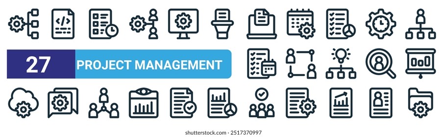set of 27 outline web project management icons such as project management, coding, time, calendar, relationship, conversation, human resources, file vector thin line icons for web design, mobile