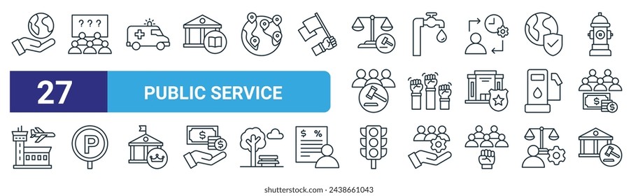 conjunto de 27 iconos de servicio público web esquemáticos como ong, información, ambulancia, agua limpia, derechos humanos, zona de estacionamiento, semáforo, vector judicial delgada línea iconos para el diseño web, aplicación móvil.