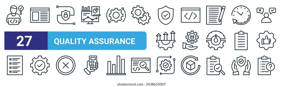 set of 27 outline web quality assurance icons such as tester, website, end to end, scripts, service, functional, automated, questionnaire vector thin line icons for web design, mobile app.