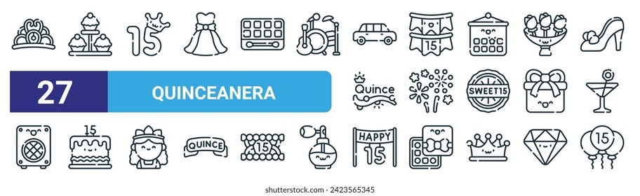 set of 27 outline web quinceanera icons such as crown, cupcake,  , garlands, fireworks, birthday cake,  balloons vector thin line icons for web design, mobile