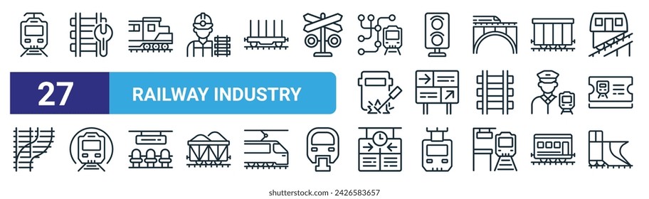 set of 27 outline web railway industry icons such as electric tram, repair service, locomotive, traffic light, road, subway, timetable, snowplow vector thin line icons for web design, mobile app.