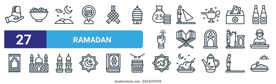 conjunto de 27 contornos web de iconos de ramadán como dar, cuenco de frutas, desierto, más bajo, quran, mezquita, muhammad, suhuur vectorial iconos de línea delgada para diseño web, aplicación móvil.