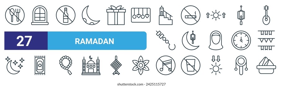 set of 27 outline web ramadan icons such as fasting, windows, no alcohol, no smoking, ramadan, prayer mat, no music, samosa vector thin line icons for web design, mobile app.
