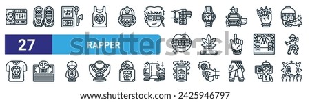 set of 27 outline web rapper icons such as music mixer, shoes, music player, watch, cannabis, money, spray bottle, disco ball vector thin line icons for web design, mobile app.