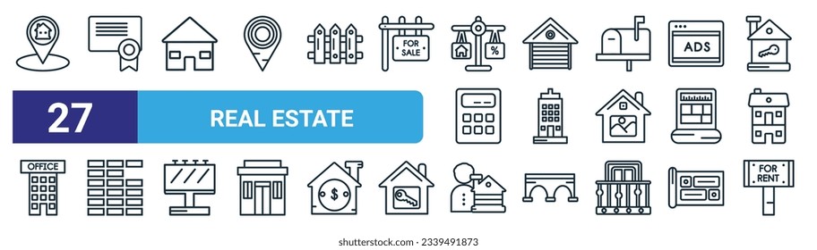 set of 27 outline web real estate icons such as real state, certification, house front view, garage, skyscraper, wall, or, for rent vector thin line icons for web design, mobile app.